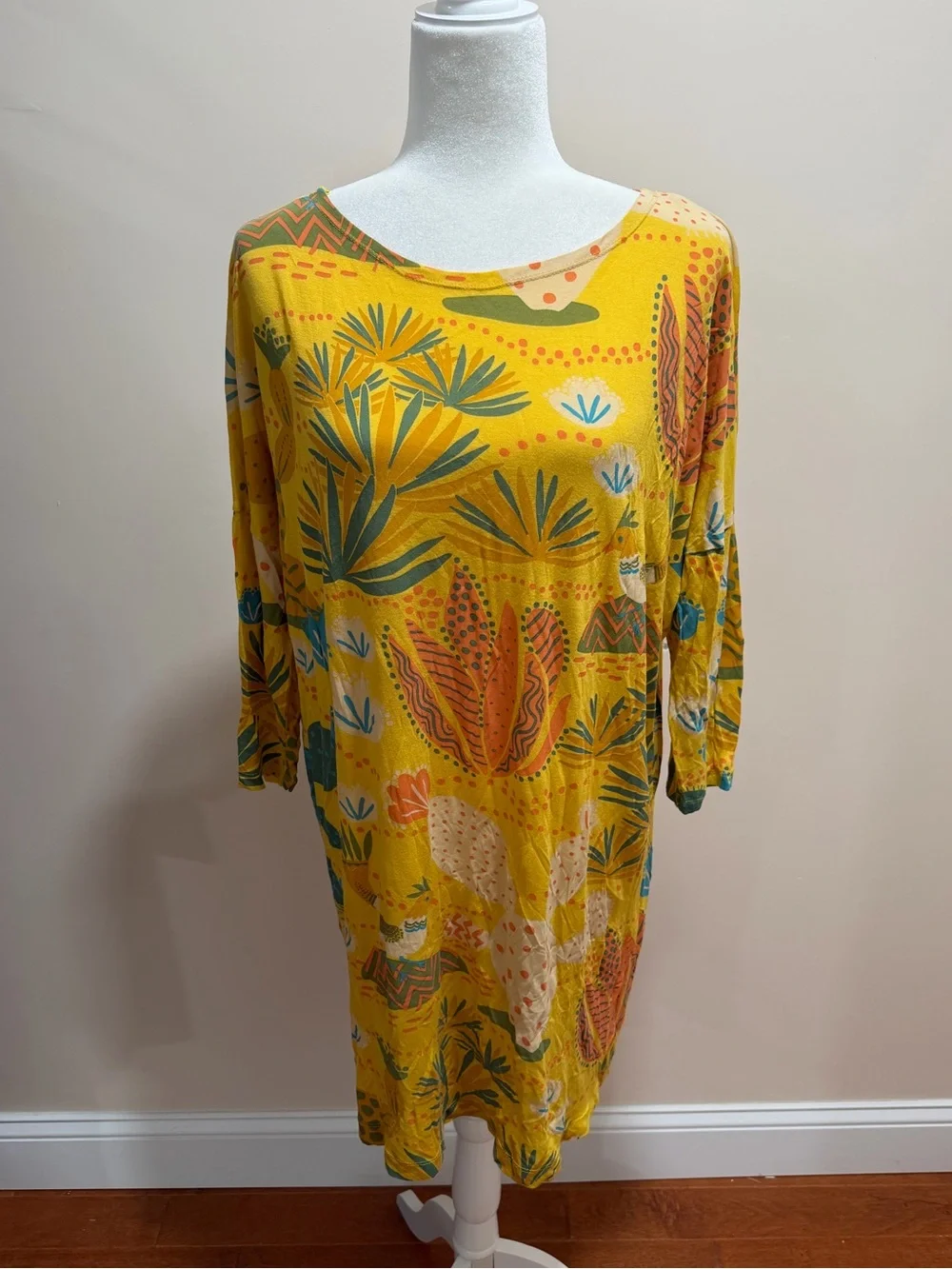 Gudrun Sjoden Yellow Birds Cactus Mallorca Modal 3/4 Sleeve Dress Sz. L